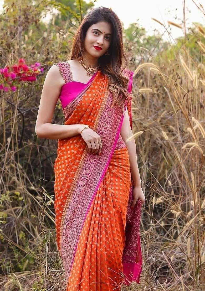 Orange Jacquard Work Silk Blend Saree Set for Diwali | Wedding & Festive Wear - Indya