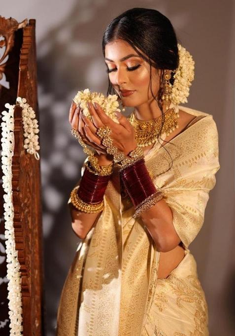 Golden Jacquard Work Silk Saree Set