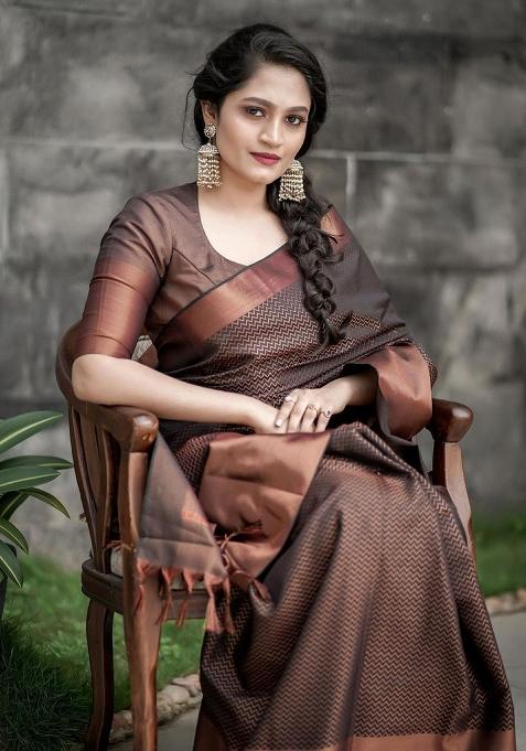 Brown Jacquard Work Silk Saree Set