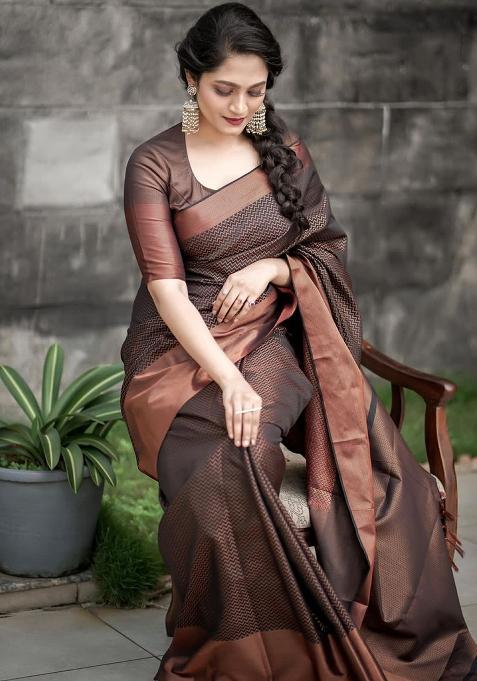 Brown Jacquard Work Silk Saree Set