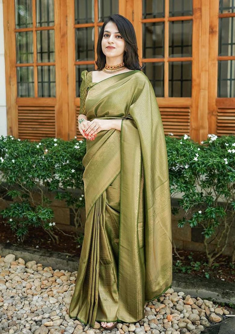 Mehndi Jacquard Work Silk Saree Set