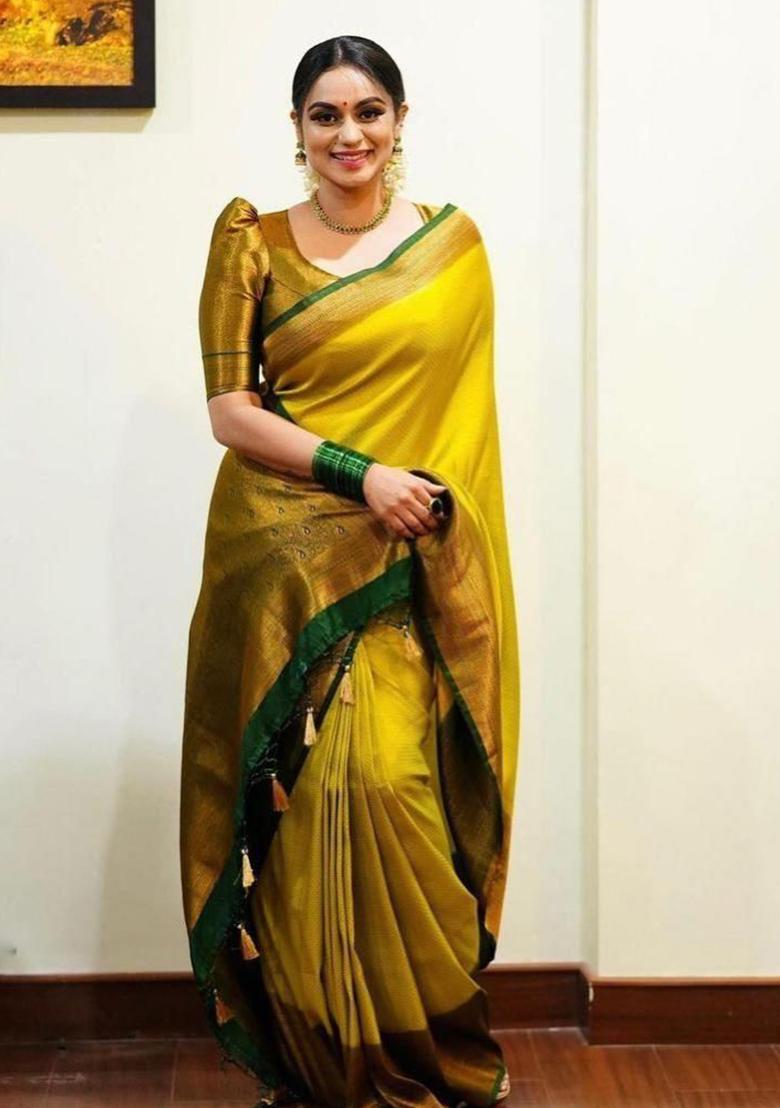 Bright Yellow Jacquard Work Silk Saree Set - Indya