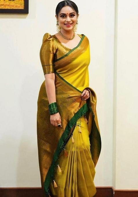 Bright Yellow Jacquard Work Silk Saree Set