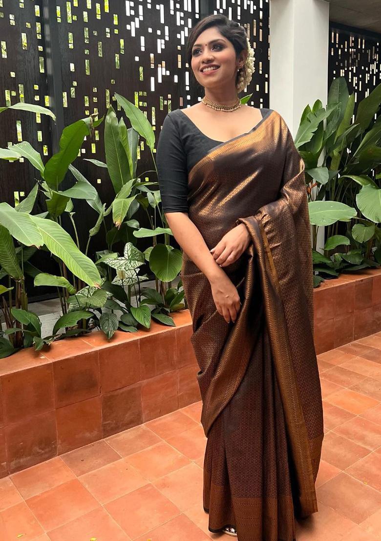 Black Jacquard Work Silk Saree Set - Indya