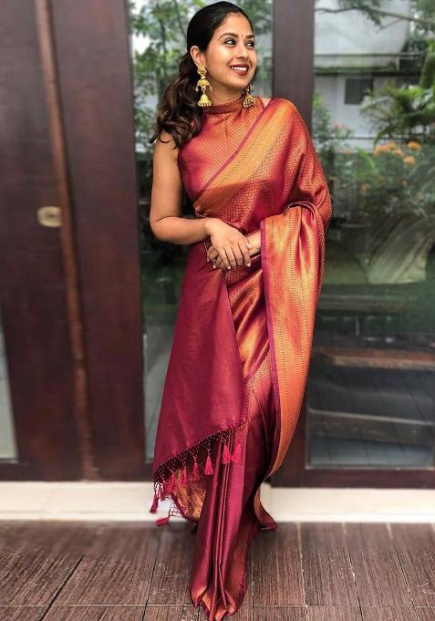 Maroon Jacquard Work Silk Saree Set