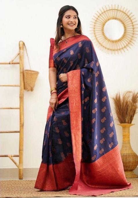 Blue Jacquard Work Silk Saree Set