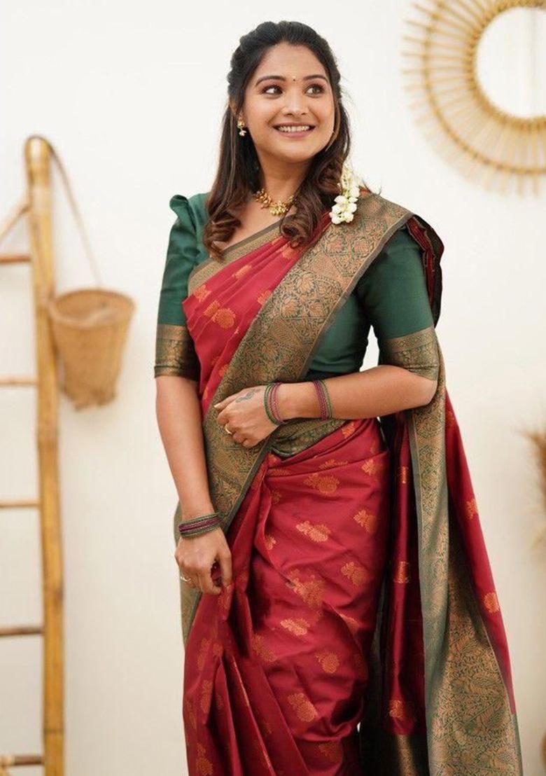 Maroon Jacquard Work Silk Saree Set