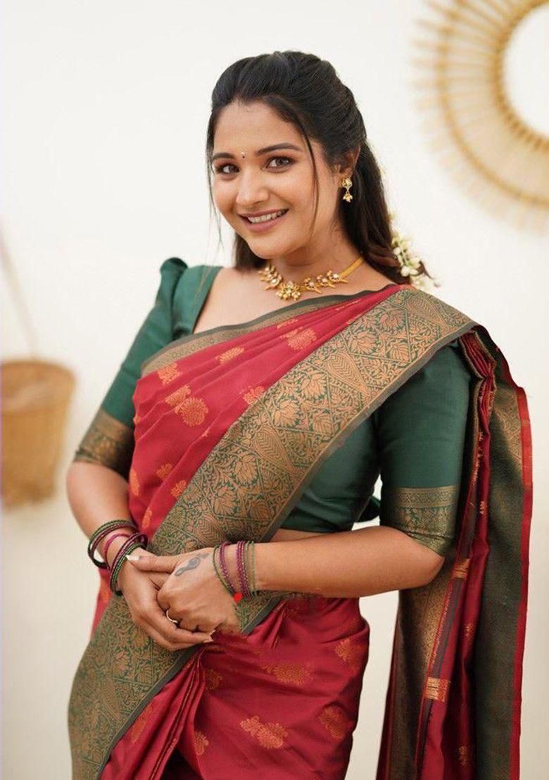 Maroon Jacquard Work Silk Saree Set