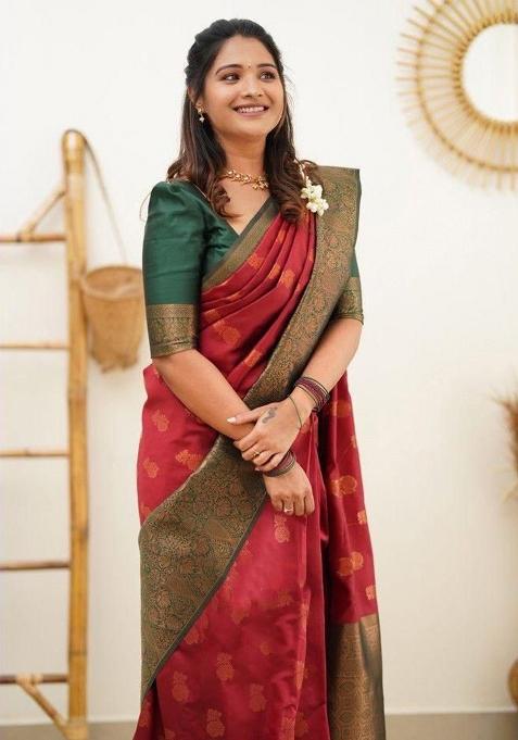 Maroon Jacquard Work Silk Saree Set