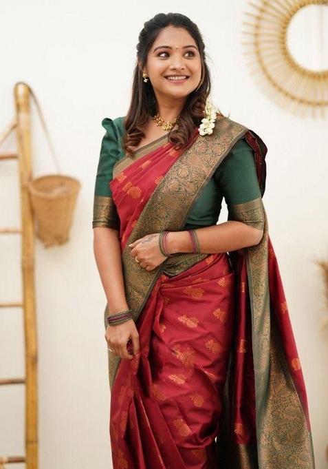 Maroon Jacquard Work Silk Saree Set