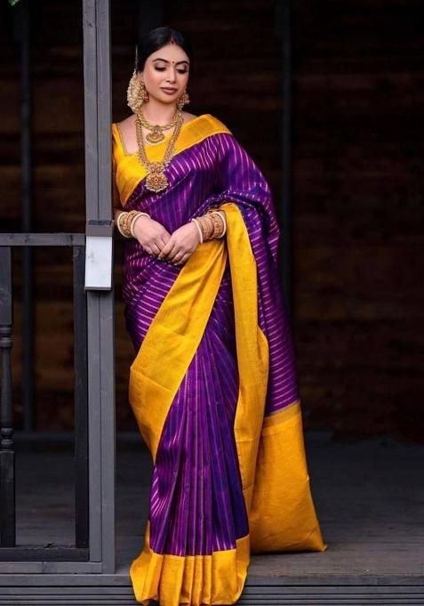 Purple Jacquard Work Silk Saree Set