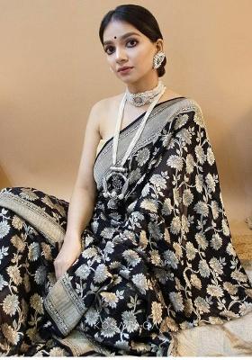 Black Jacquard Work Silk Saree Set