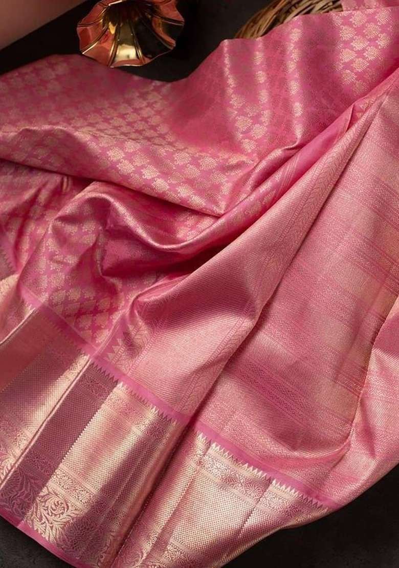 Light Pink Jacquard Work Silk Blend Saree Set for Diwali | Wedding & Festive Wear - Indya
