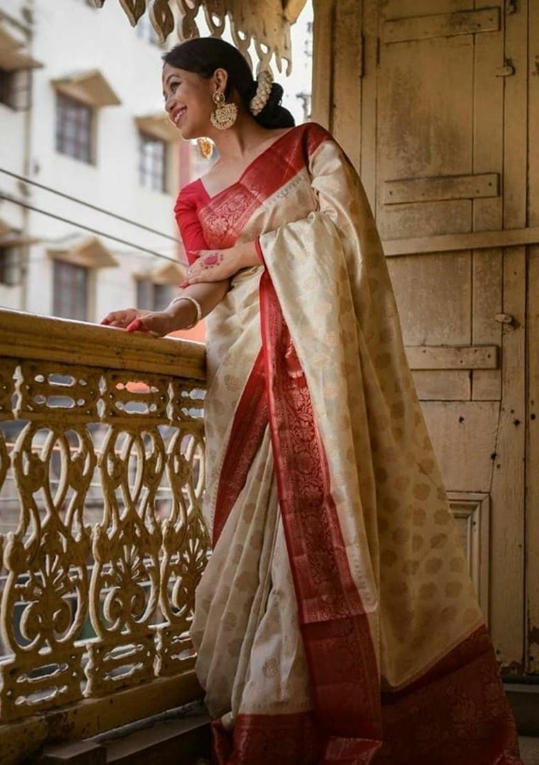 Cream Jacquard Work Silk Saree Set