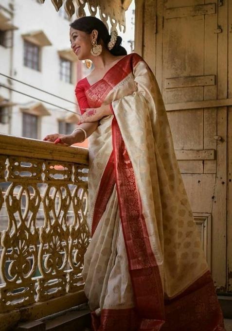 Cream Jacquard Work Silk Saree Set