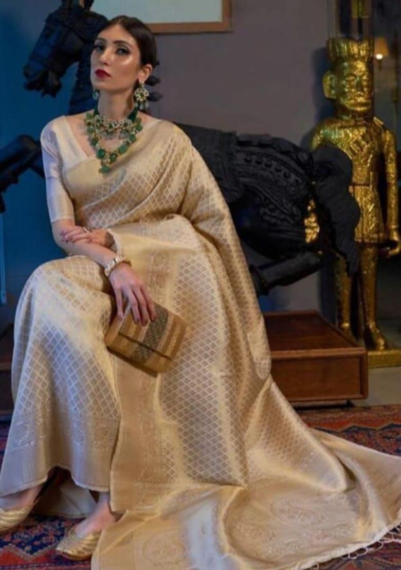 Golden Jacquard Work Silk Saree Set - Indya