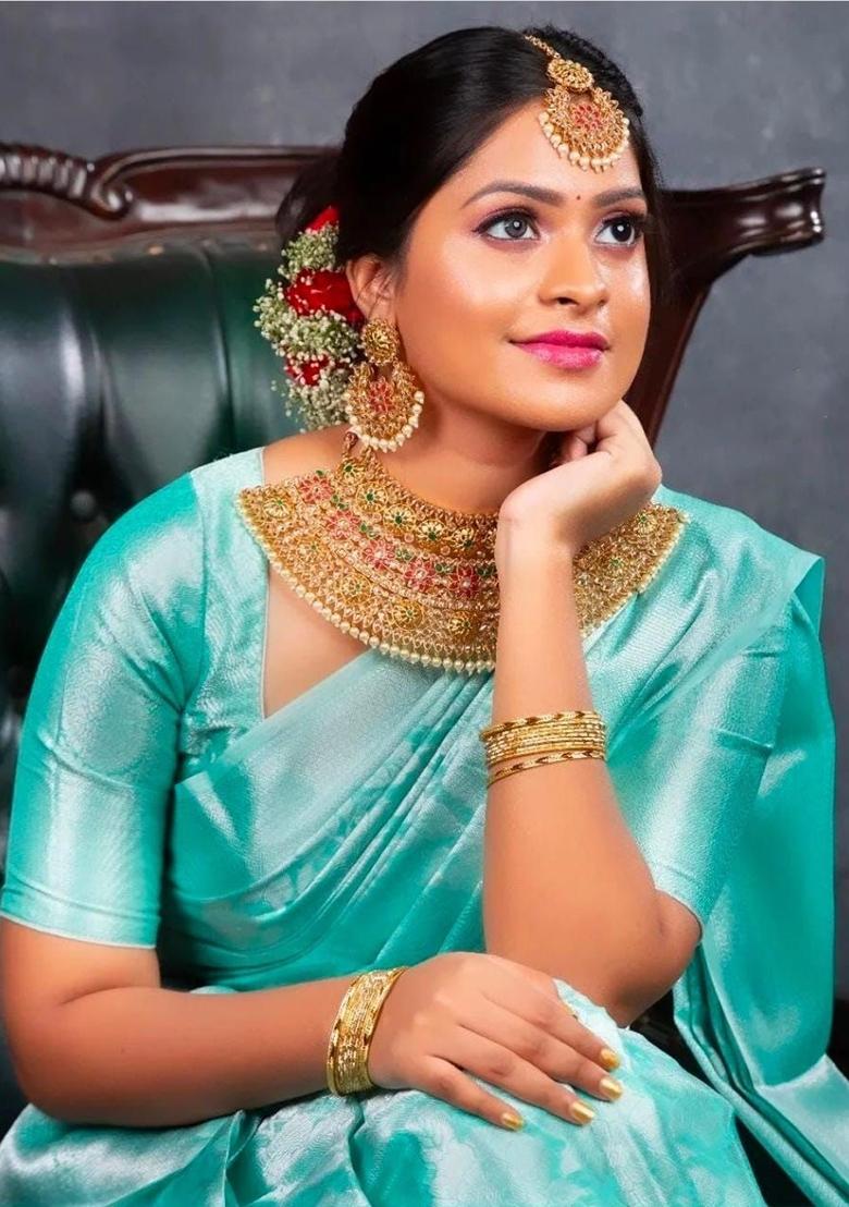 Aqua Green Jacquard Work Silk Saree Set - Indya