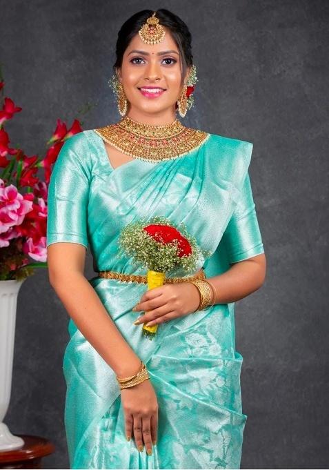 Aqua Green Jacquard Work Silk Saree Set