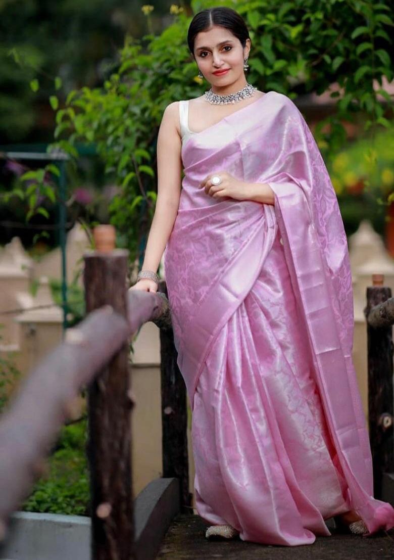 Baby Pink Jacquard Work Silk Saree Set - Indya