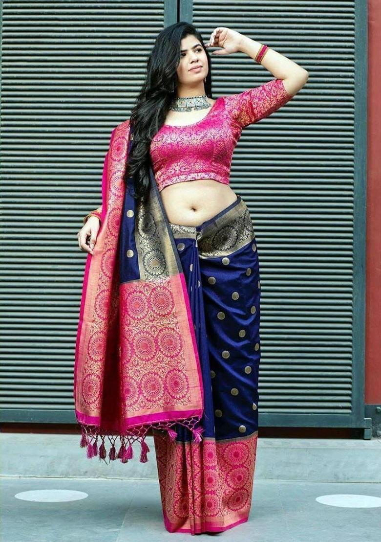 Blue Jacquard Work Silk Saree Set - Indya