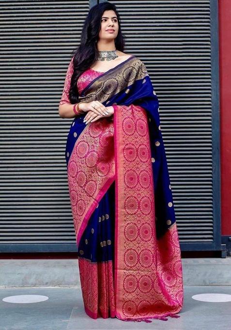 Blue Jacquard Work Silk Saree Set