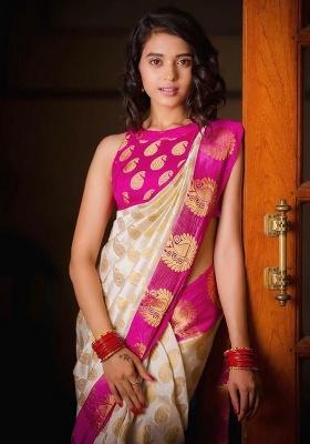 Cream Jacquard Work Silk Saree Set