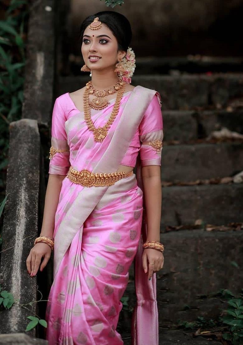 Baby Pink Jacquard Work Silk Saree Set - Indya