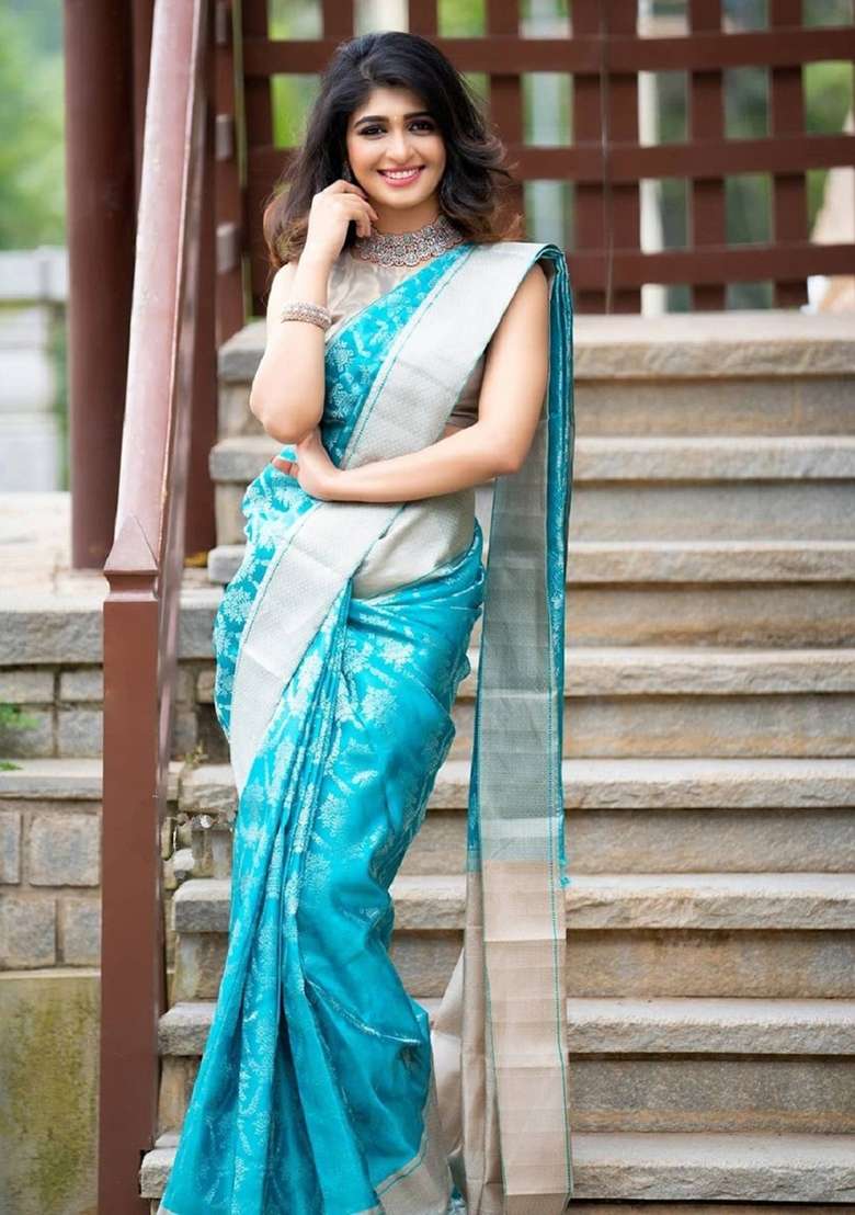 Sky Blue Jacquard Work Silk Blend Saree Set for Diwali and Festive Wear - Indya