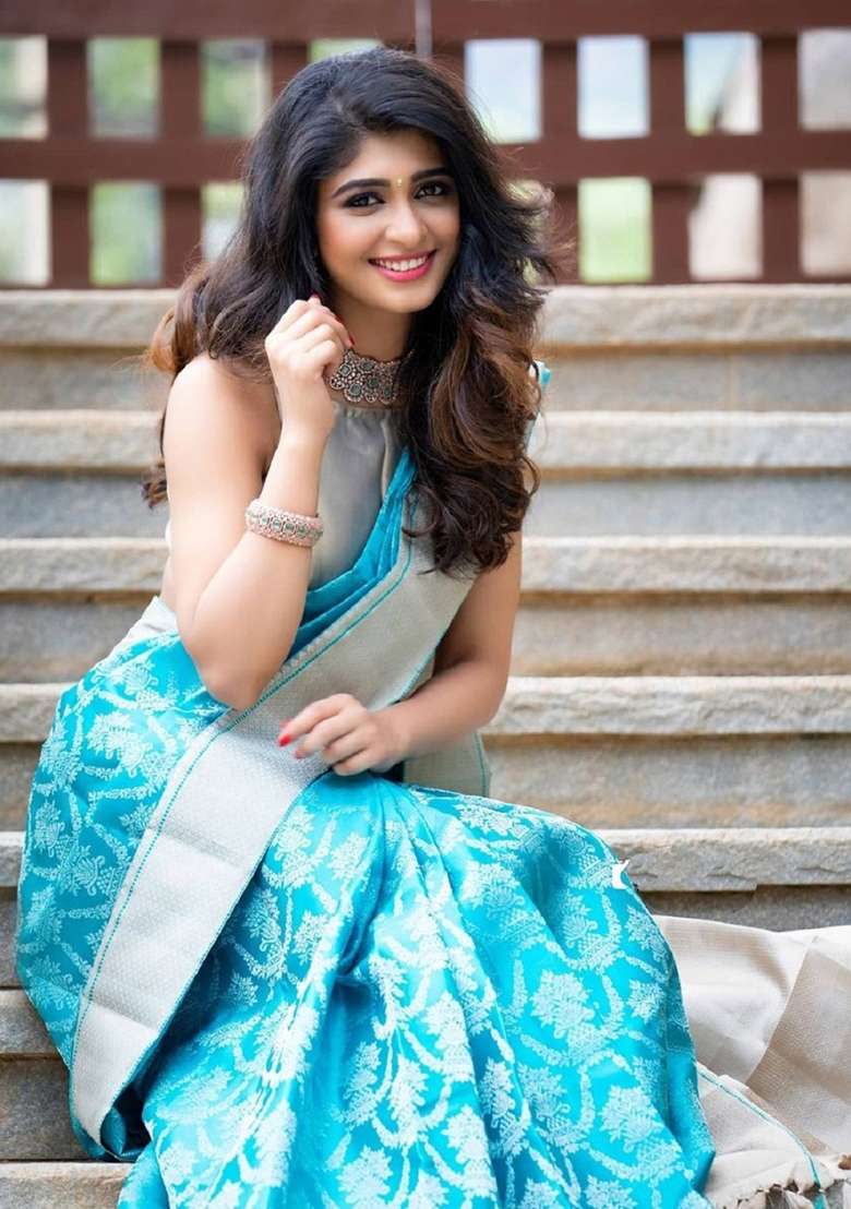 Sky Blue Jacquard Work Silk Blend Saree Set for Diwali and Festive Wear - Indya
