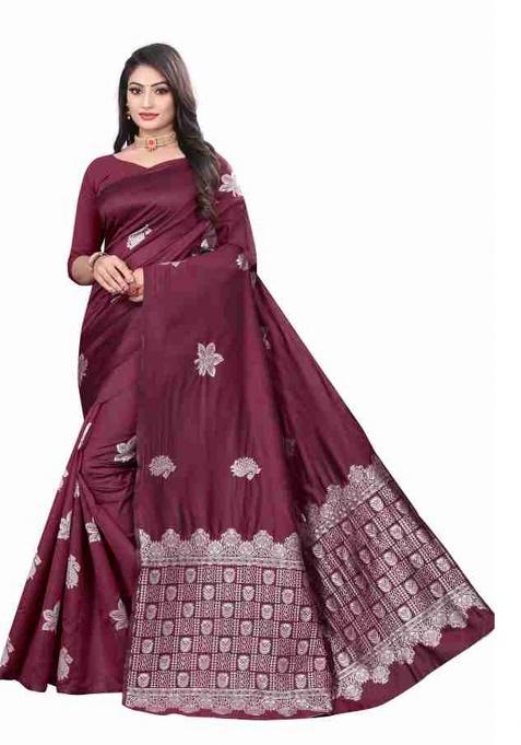 Wine Jacquard Work Silk Saree Set