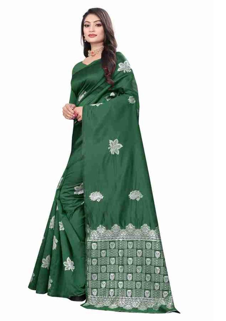 Green Jacquard Work Silk Saree Set - Indya