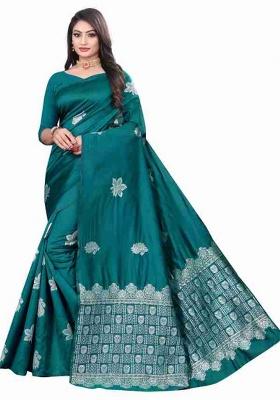 Teal Blue Jacquard Work Silk Saree Set