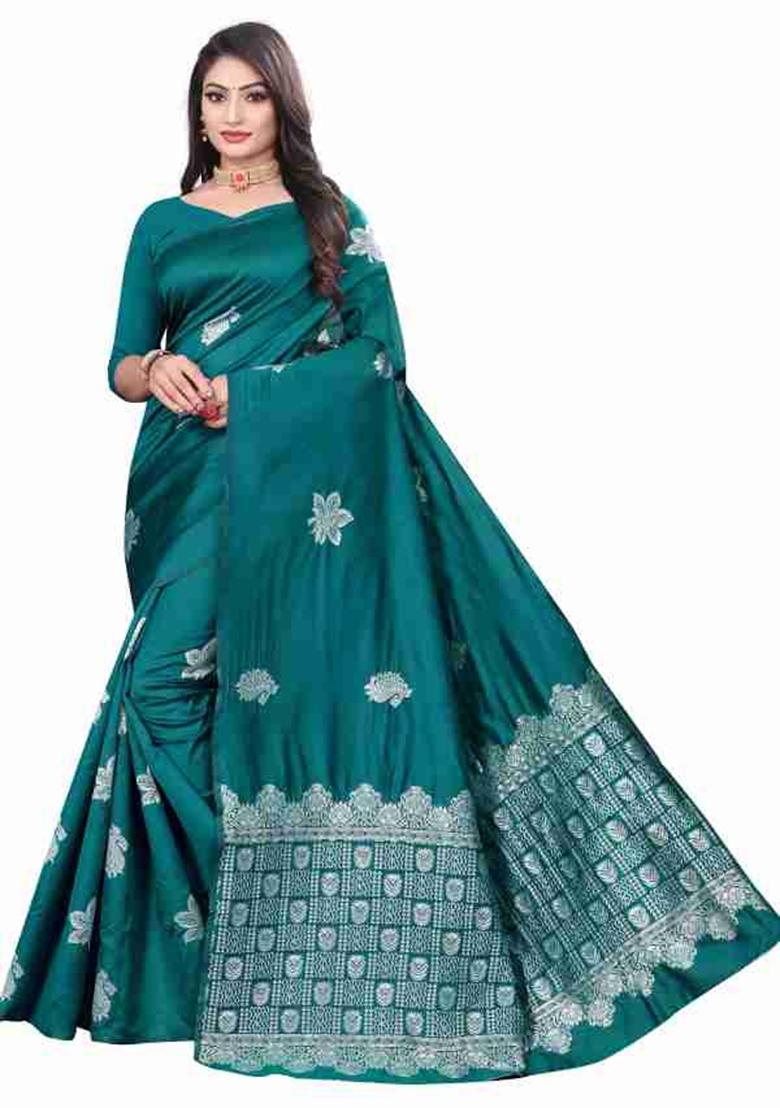 Teal Blue Jacquard Work Silk Saree Set