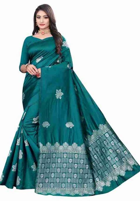 Teal Blue Jacquard Work Silk Saree Set