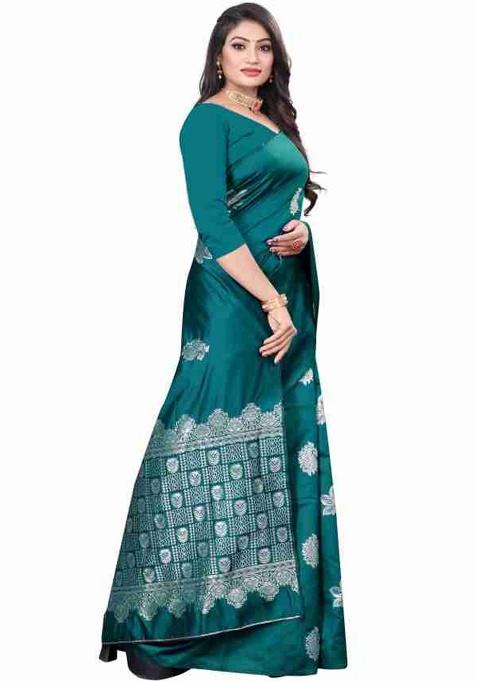 Teal Blue Jacquard Work Silk Saree Set