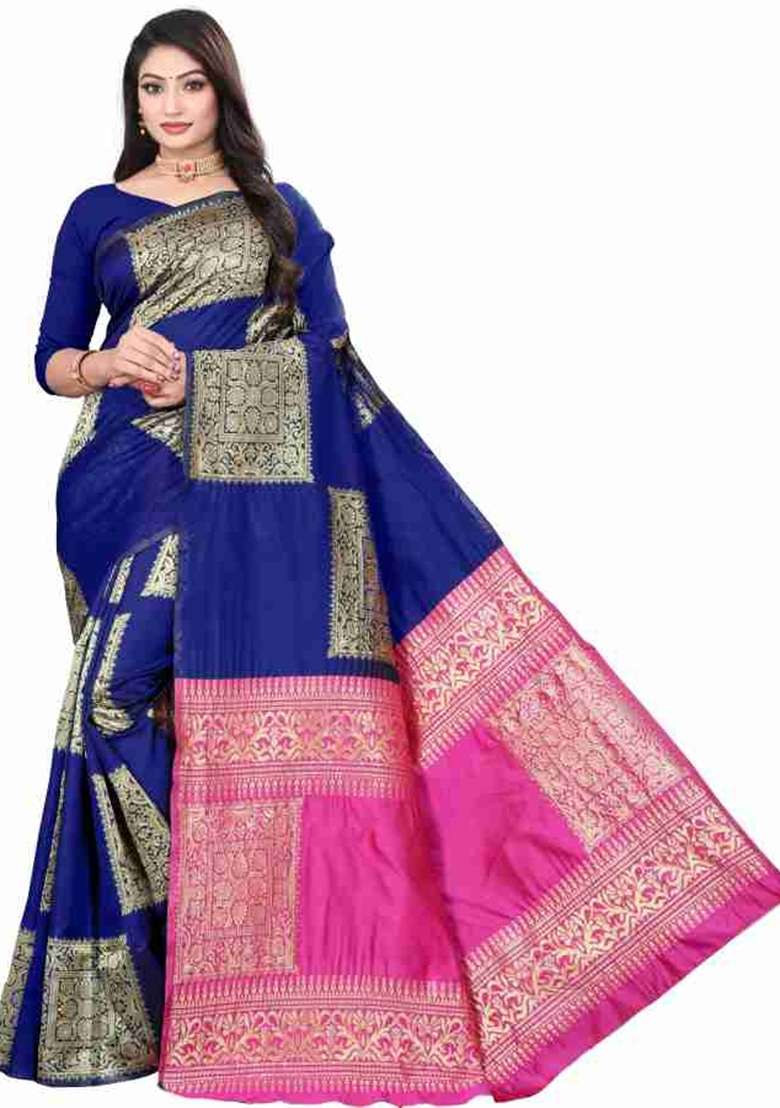 Royal Blue Jacquard Work Silk Blend Saree Set for Diwali | Wedding & Festive Wear - Indya