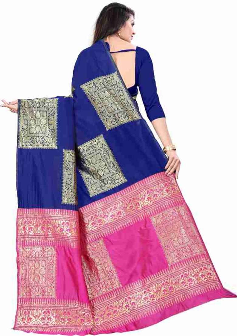 Royal Blue Jacquard Work Silk Blend Saree Set for Diwali | Wedding & Festive Wear - Indya