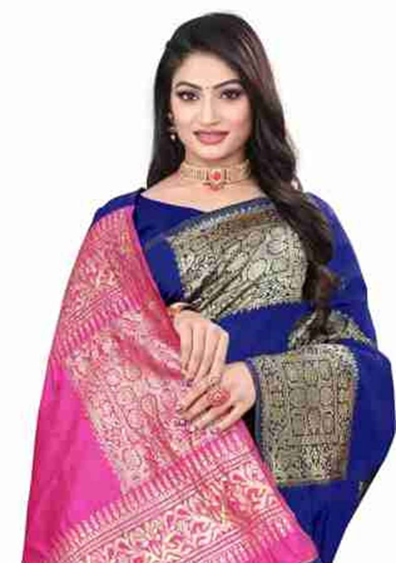Royal Blue Jacquard Work Silk Blend Saree Set for Diwali | Wedding & Festive Wear - Indya