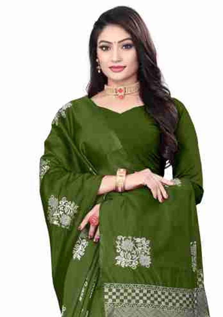 Mehndi Jacquard Work Silk Saree Set