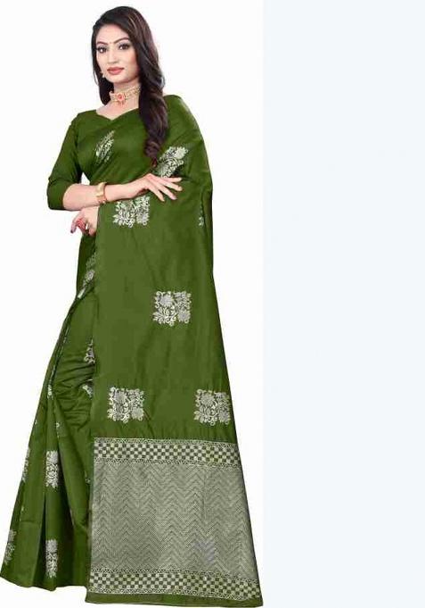 Mehndi Jacquard Work Silk Saree Set