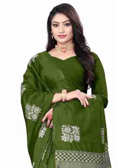 Mehndi Jacquard Work Silk Saree Set