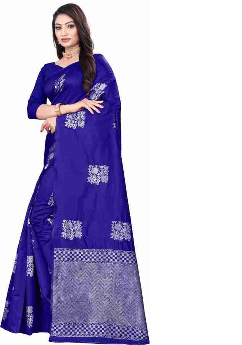 Royal Blue Jacquard Work Silk Blend Saree Set for Diwali | Wedding & Festive Wear - Indya