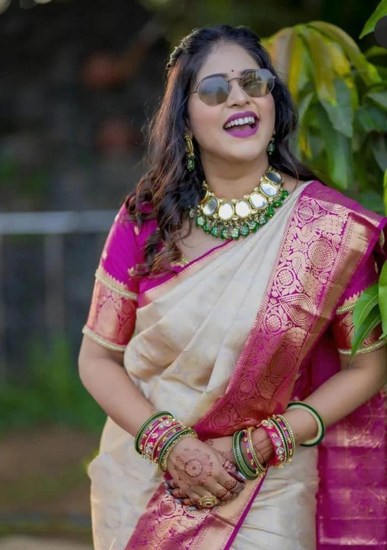 Cream Jacquard Work Silk Saree Set - Indya