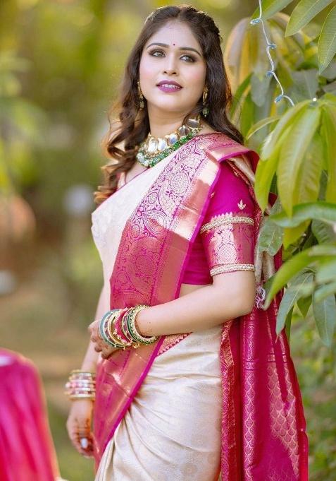 Cream Jacquard Work Silk Saree Set