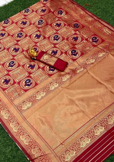 Red Jacquard Work Silk Saree Set