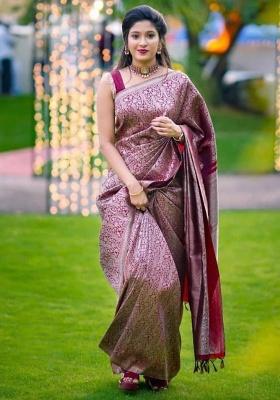 Wine Jacquard Work Silk Saree Set