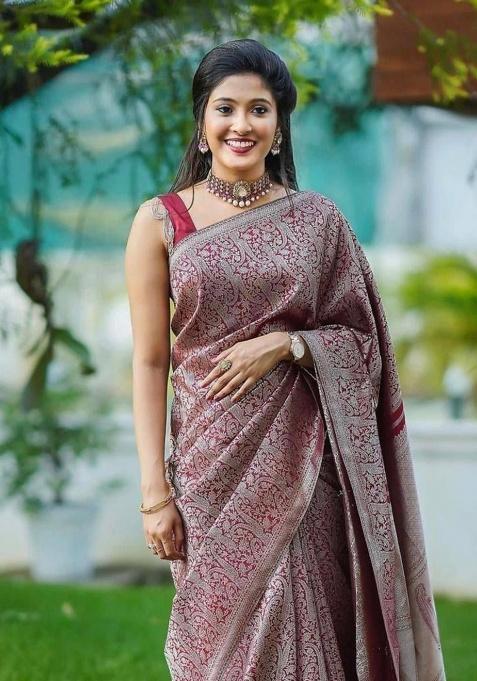 Wine Jacquard Work Silk Saree Set