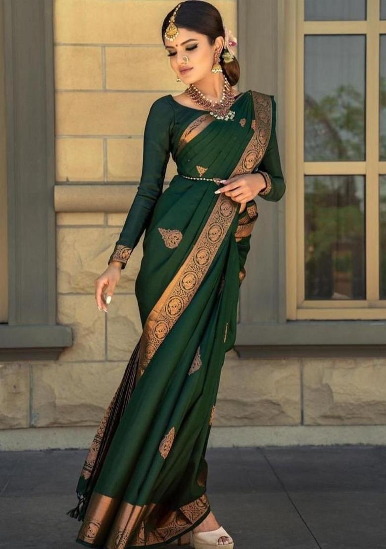 Dark Green Jacquard Work Silk Saree Set