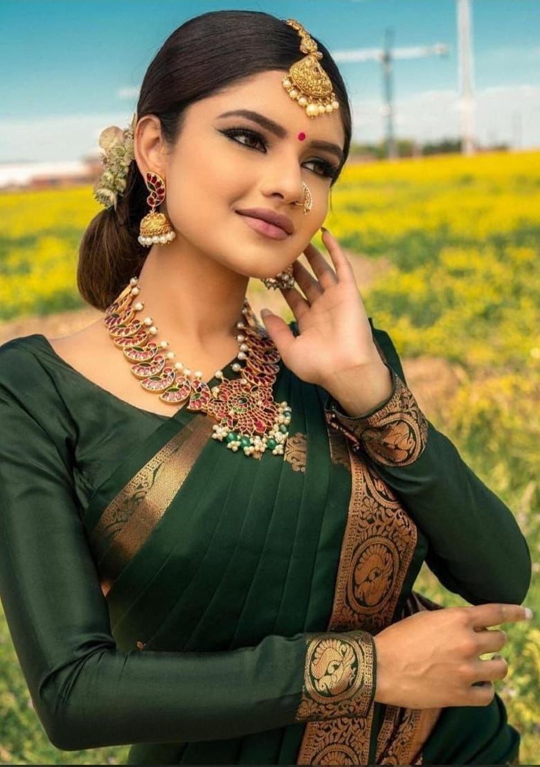 Dark Green Jacquard Work Silk Saree Set