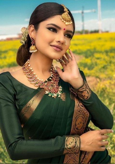 Dark Green Jacquard Work Silk Saree Set